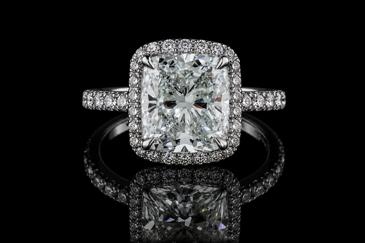 Cushion Cut Diamond Halo Ring with Pavé Band (eng548)