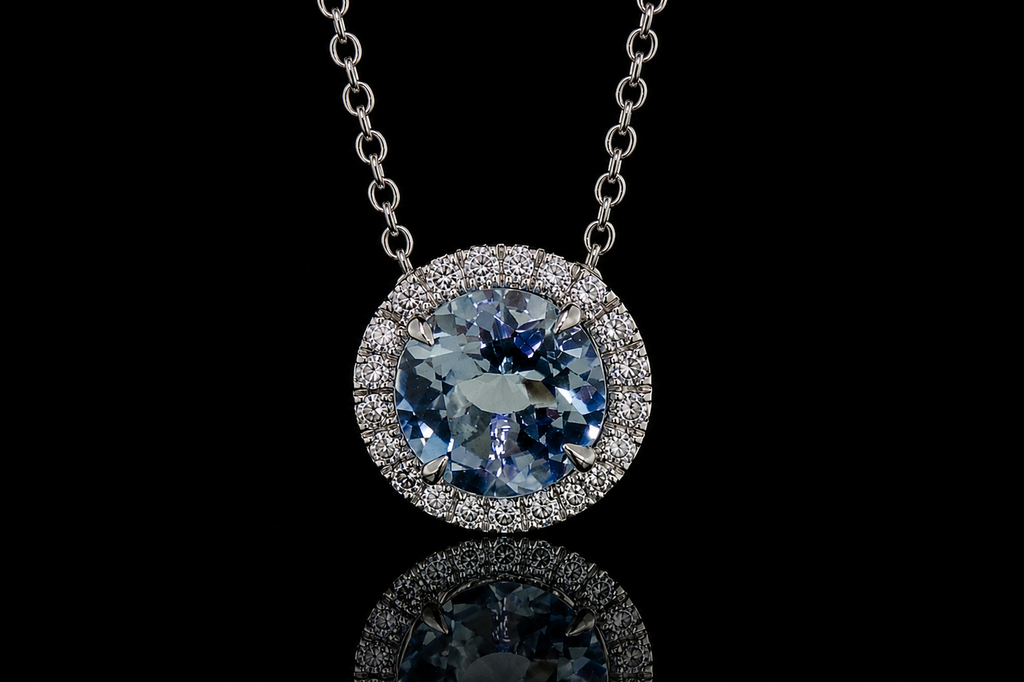 Aquamarine Micropavé Diamond Halo Pendant (pend069)