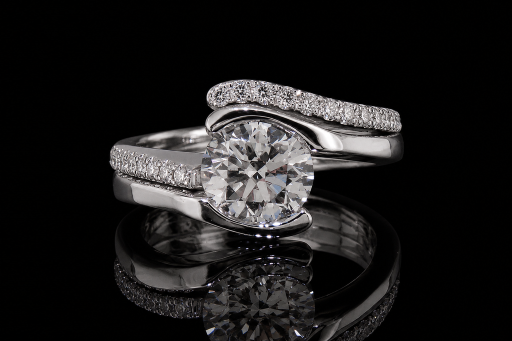 Round Brilliant Diamond Bypass Ring with Pavé Accents (eng460)