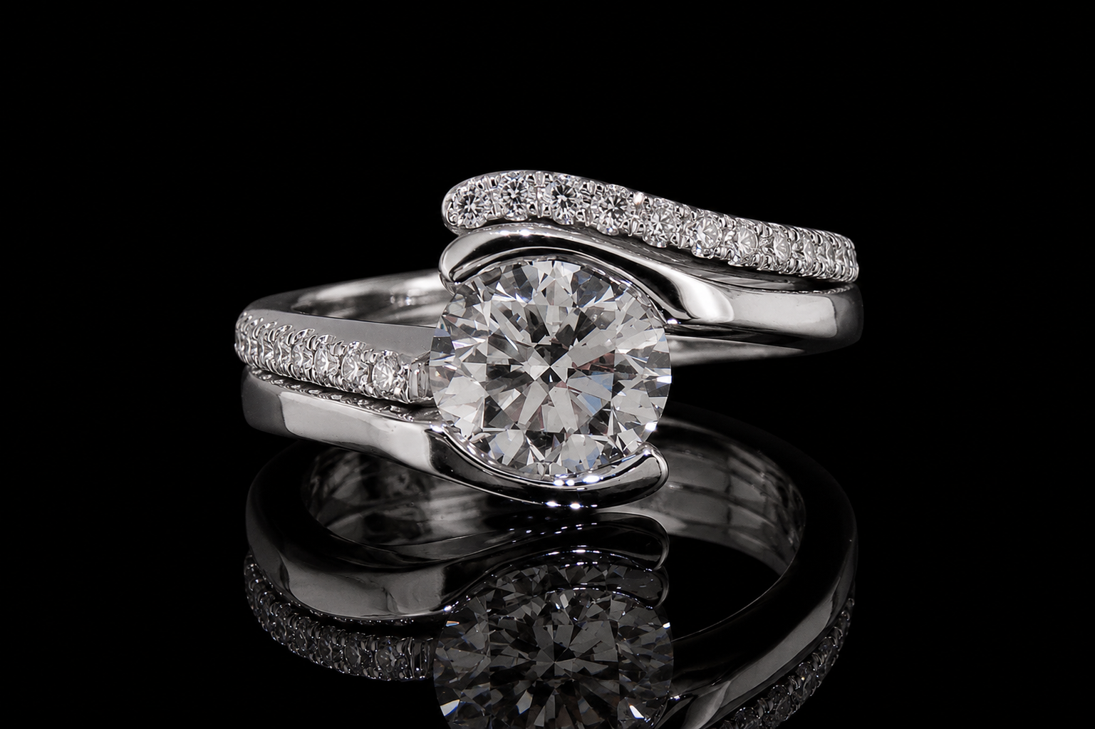 Round Brilliant Diamond Bypass Ring with Pavé Accents (eng460)