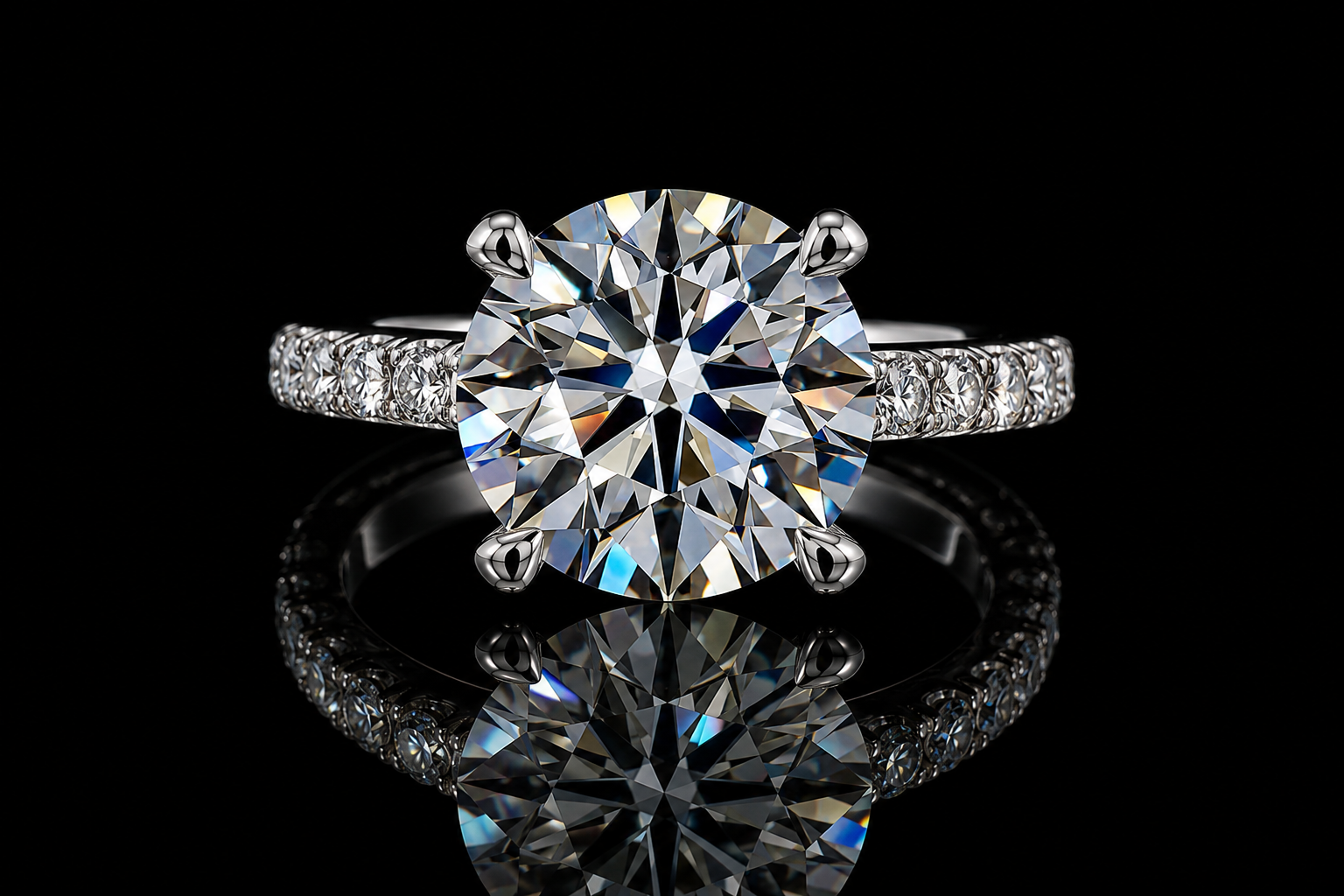 Round Brilliant Diamond Solitaire Ring with Pavé Band and Hidden Halo (eng512)