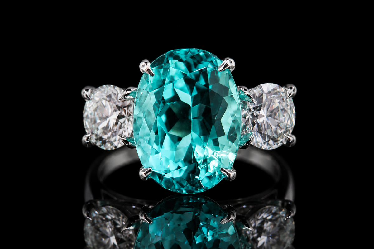 Oval Paraiba Tourmaline Three Stone Diamond Engagement Ring (eng113)