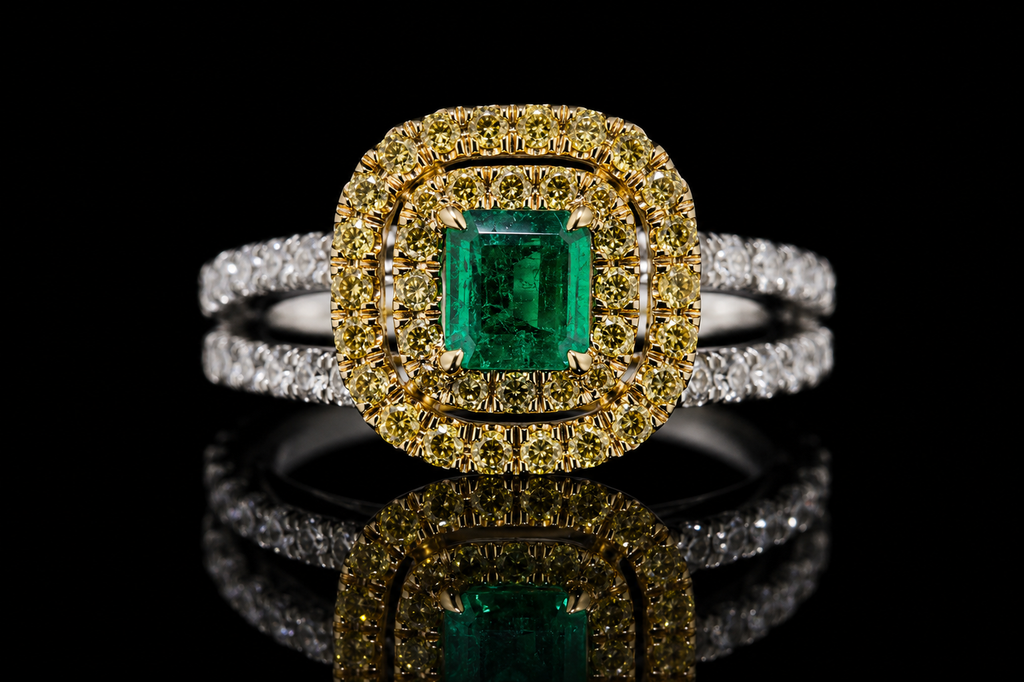 Emerald Cut Emerald Double Yellow Diamond Halo Ring (eng170)