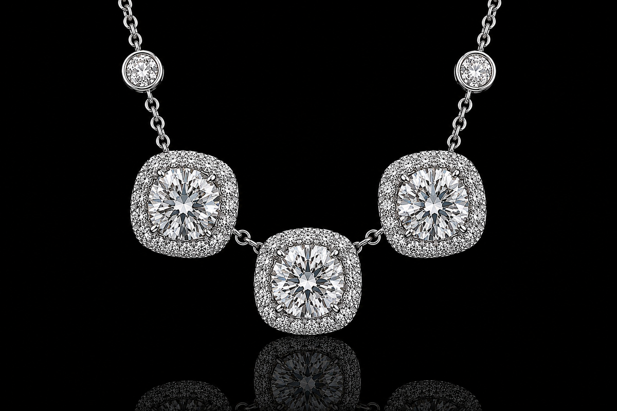 Three-Stone Round Diamond Halo Necklace (pend065)
