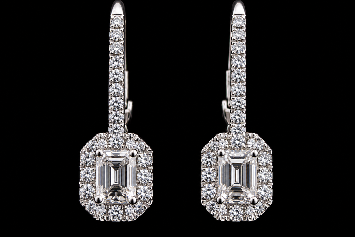 Emerald-Cut Diamond Halo Drop Earrings (ear020)