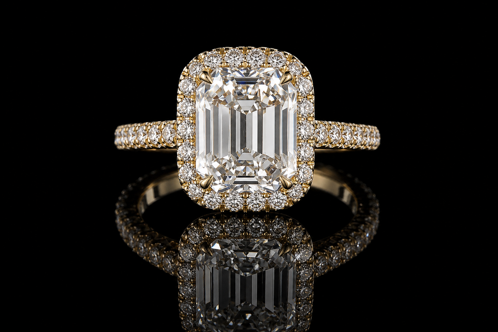Yellow Gold Emerald Cut Diamond Halo Ring with Pavé Band (eng478)