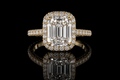 Yellow Gold Emerald Cut Diamond Halo Ring with Pavé Band (eng478)
