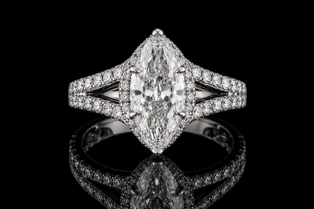 Marquise Diamond Halo Ring with Split Pavé Band (eng528)