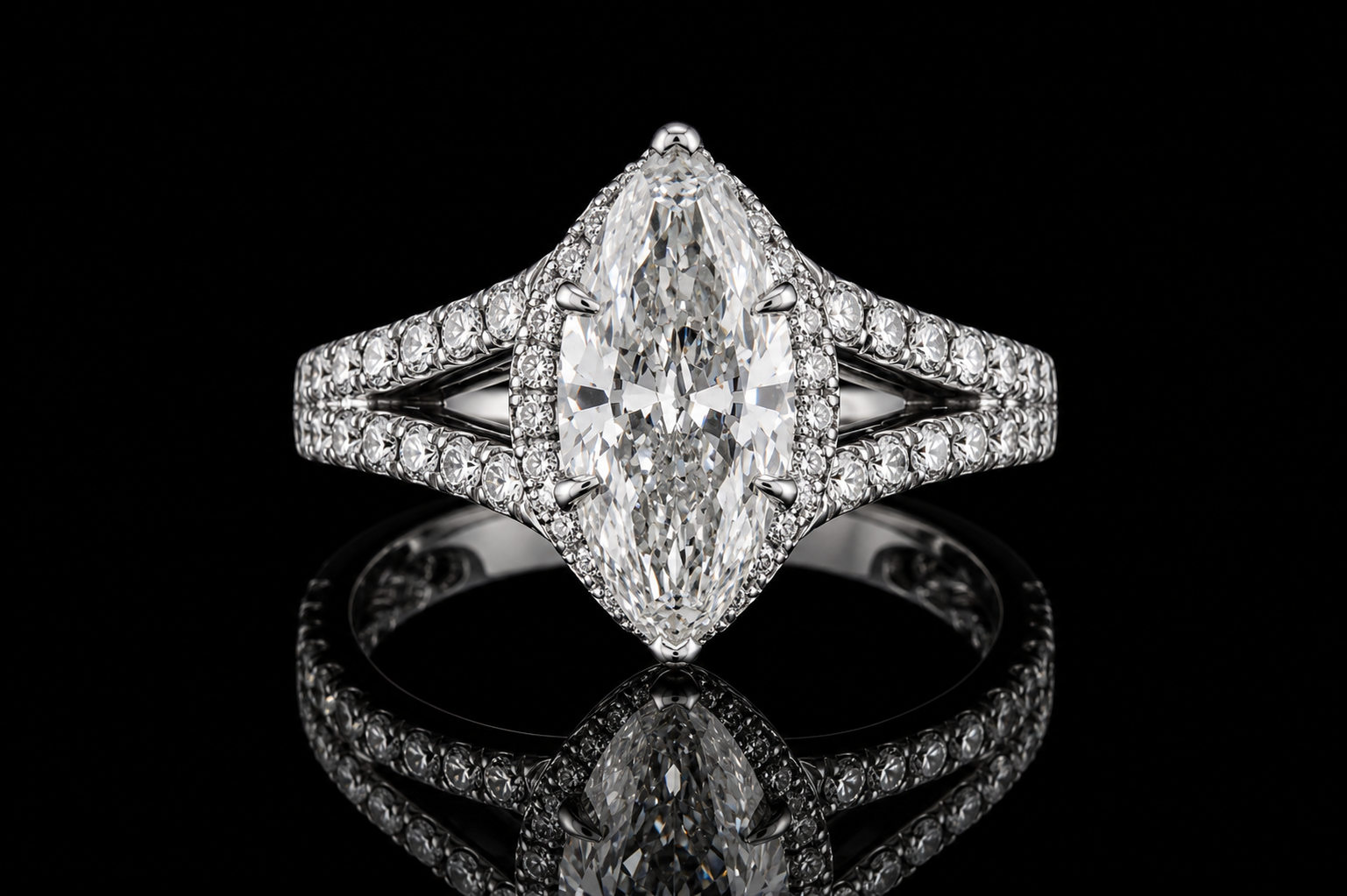 Marquise Diamond Halo Ring with Split Pavé Band (eng528)