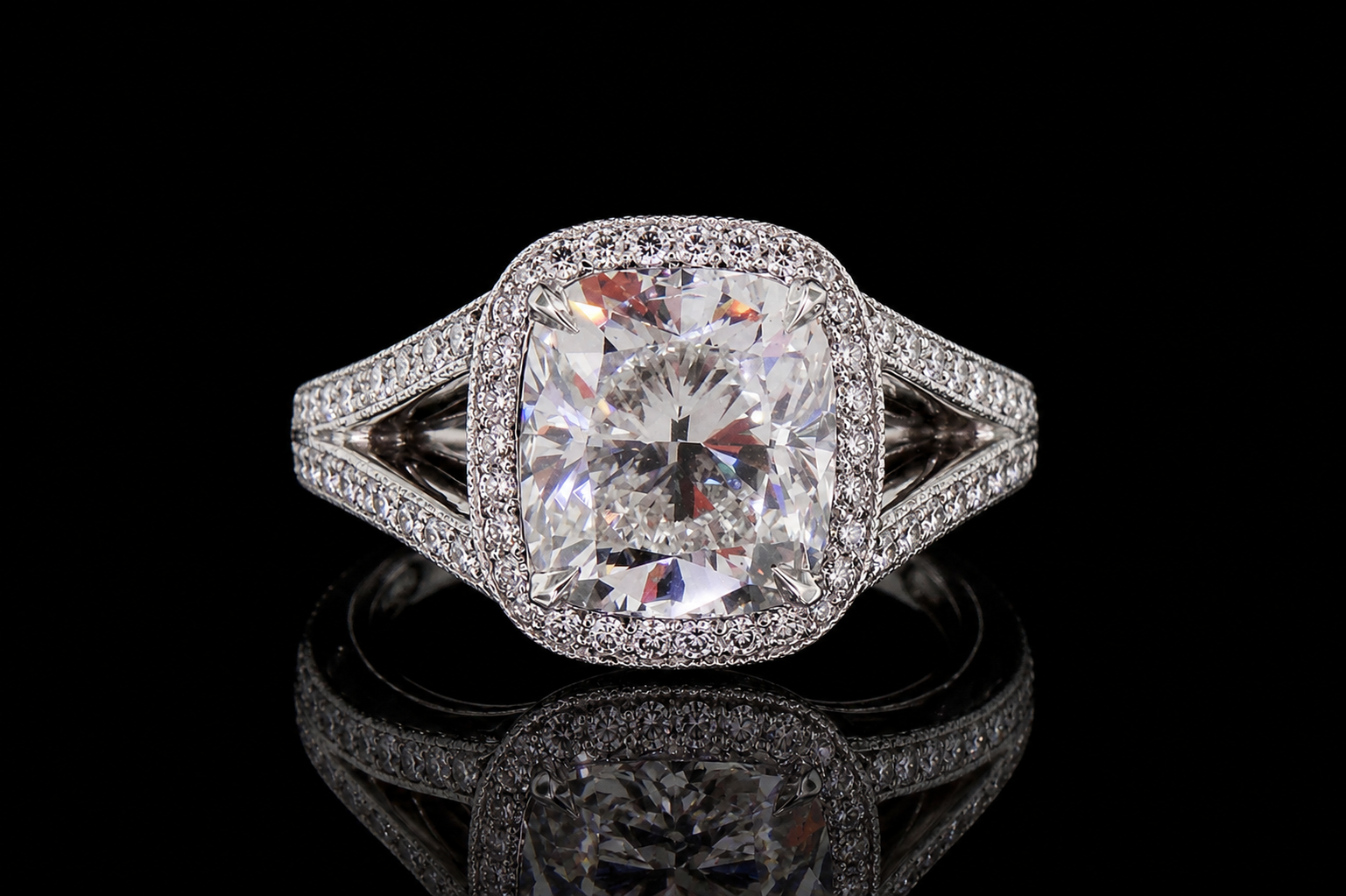 Cushion Cut Diamond Double Halo Split Shank Engagement Ring (eng311)