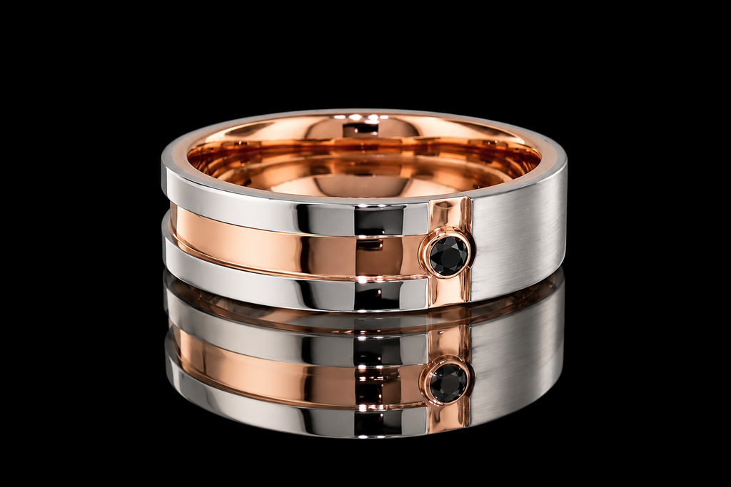 Two-Tone Rose Gold and Platinum Black Diamond Men's Band (band174)