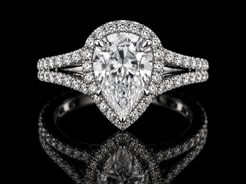 Pear Shape Diamond Halo Split Shank Ring (eng007)