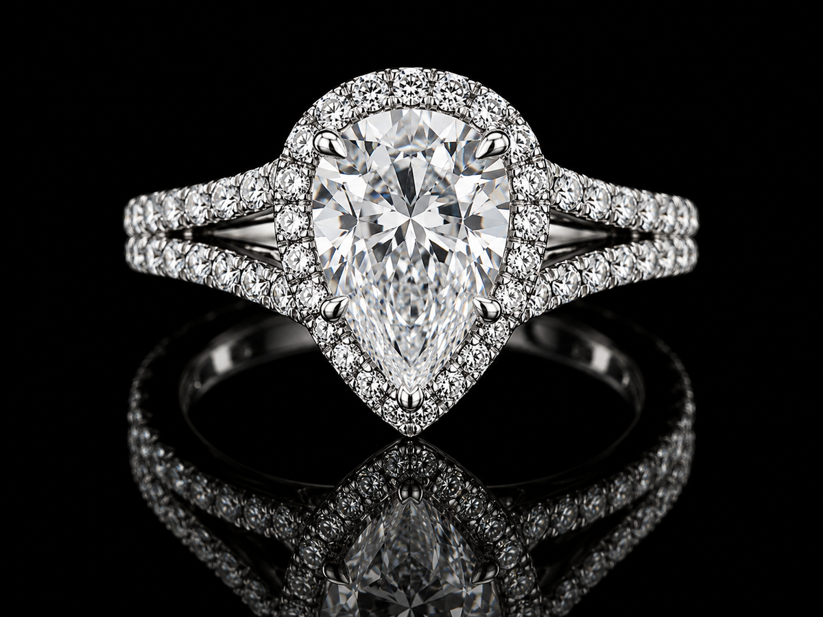 Pear Shape Diamond Halo Split Shank Ring (eng007)