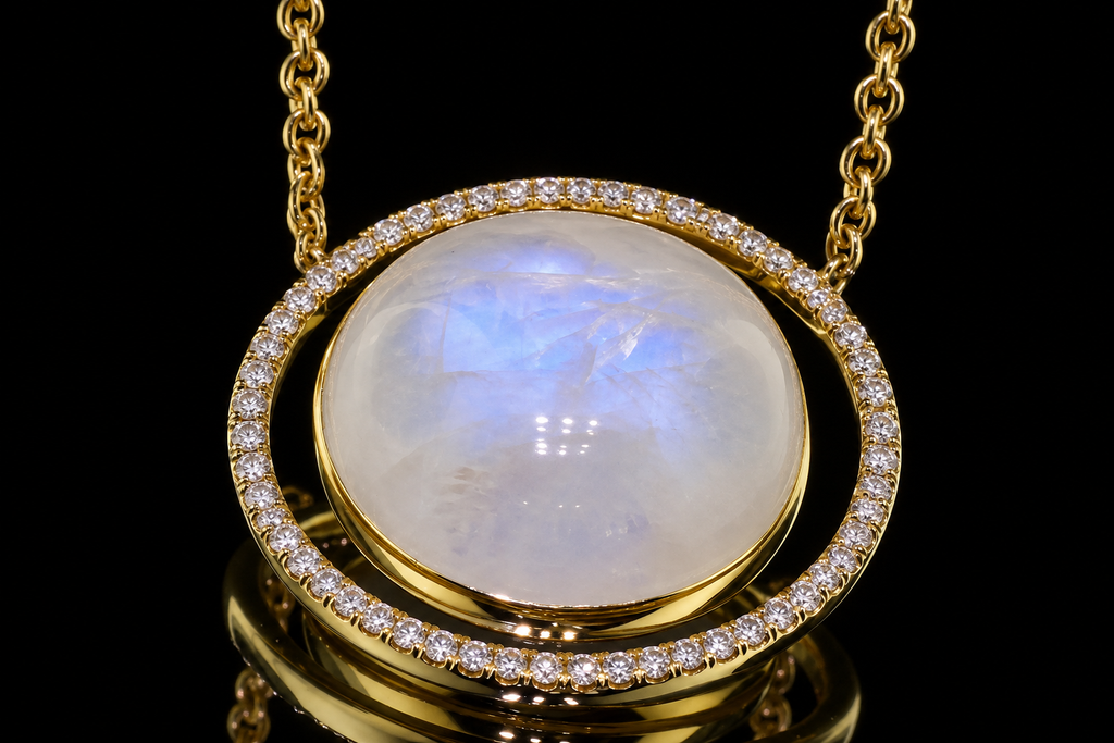 18K Yellow Gold Moonstone Micropavé Diamond Pendant (pend087)