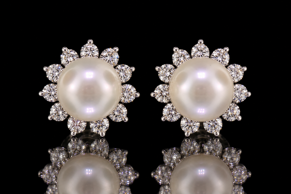 Pearl & Diamond Floral Stud Earrings (ear062)