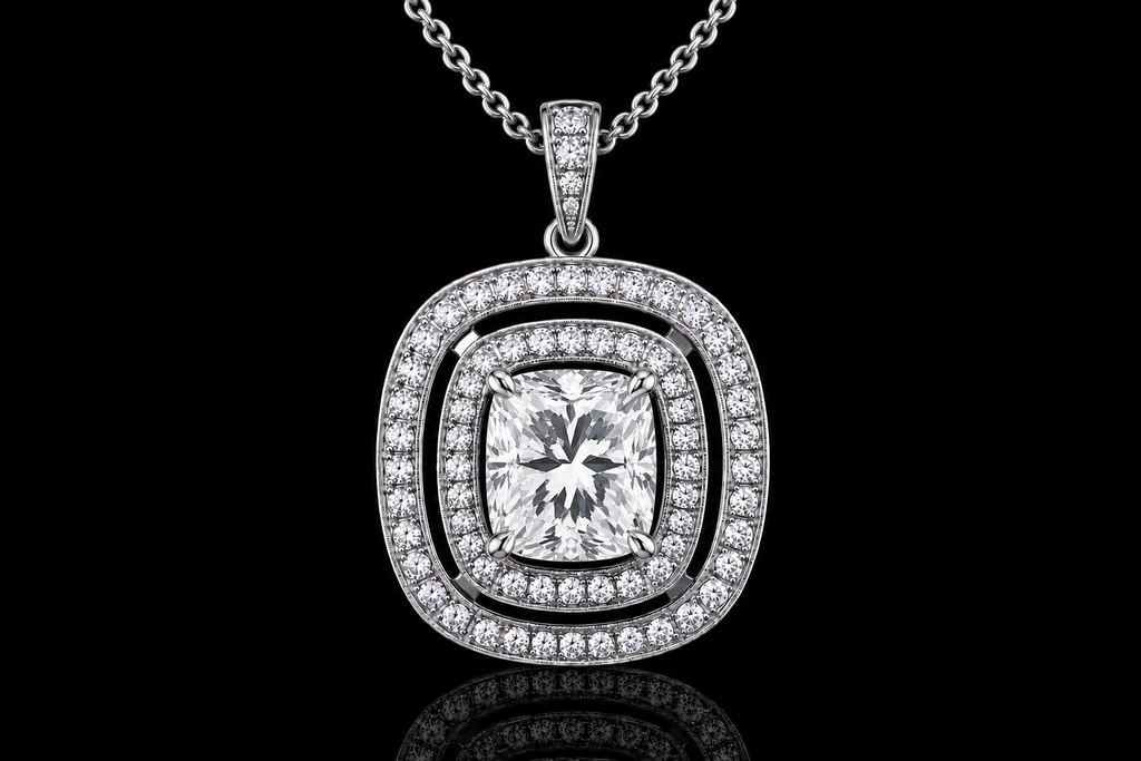 Platinum Cushion Cut Diamond Double Halo Pendant (pend038)