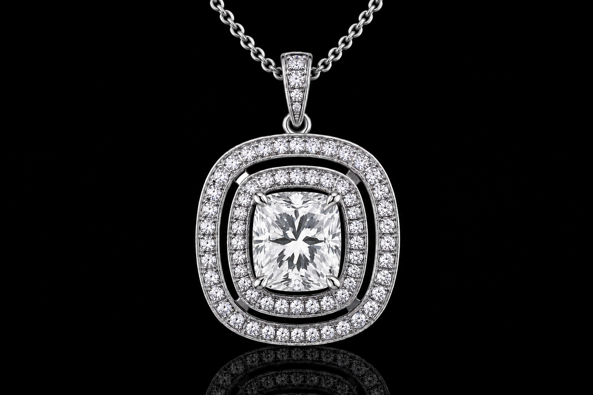 Platinum Cushion Cut Diamond Double Halo Pendant (pend038)