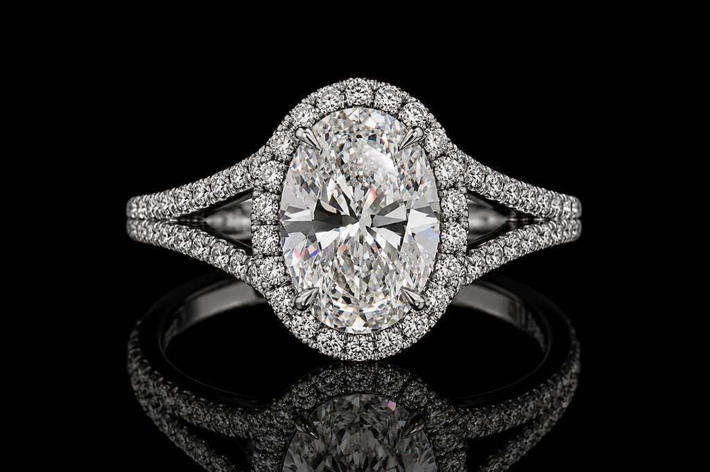 Oval Diamond Halo Split Shank Engagement Ring (eng350)