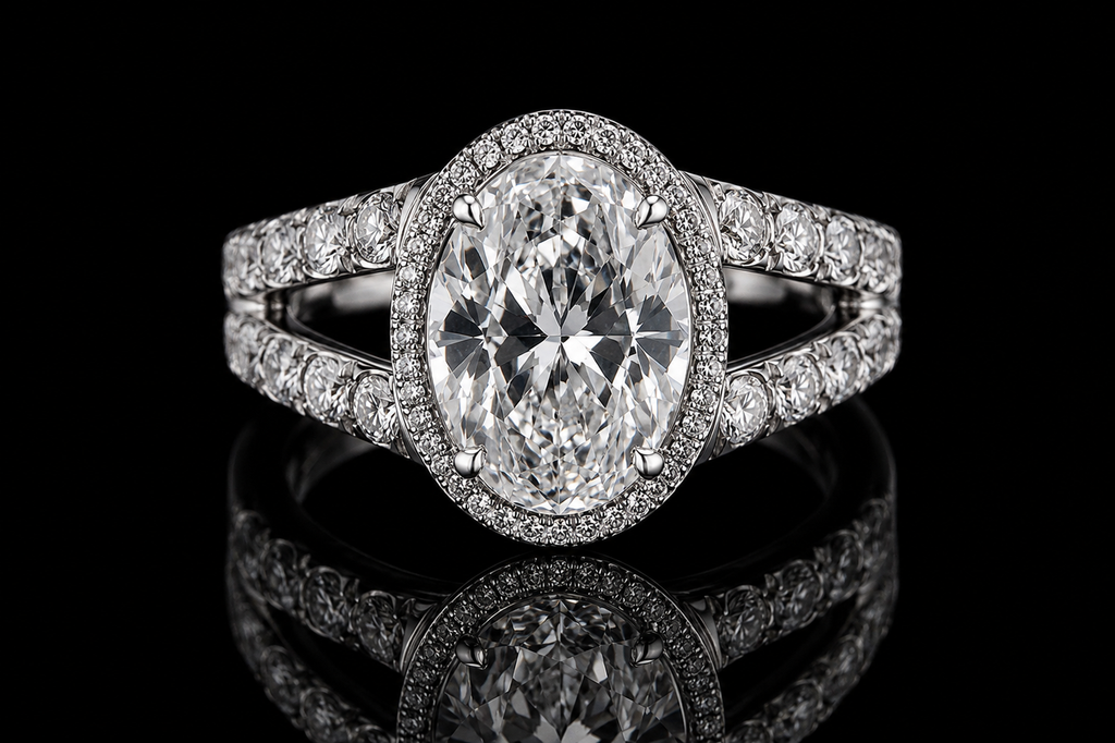 Oval Diamond Halo Split Shank Engagement Ring (eng205)