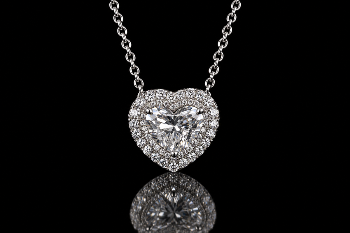 14K White Gold Heart Diamond Double Halo Necklace (pend119)