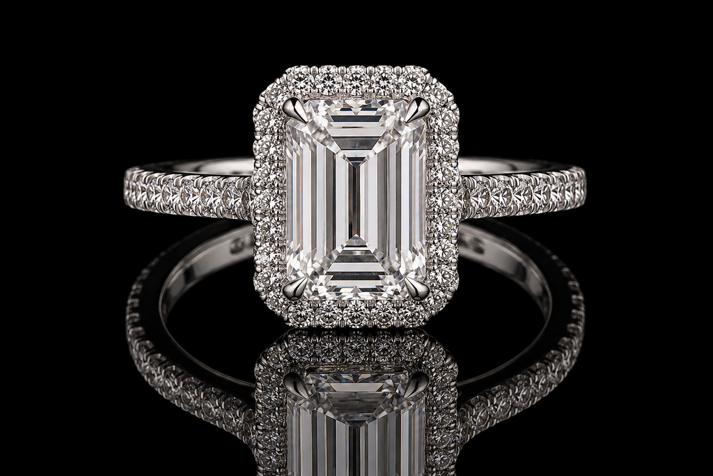 Emerald Cut Diamond Halo Engagement Ring (eng042)