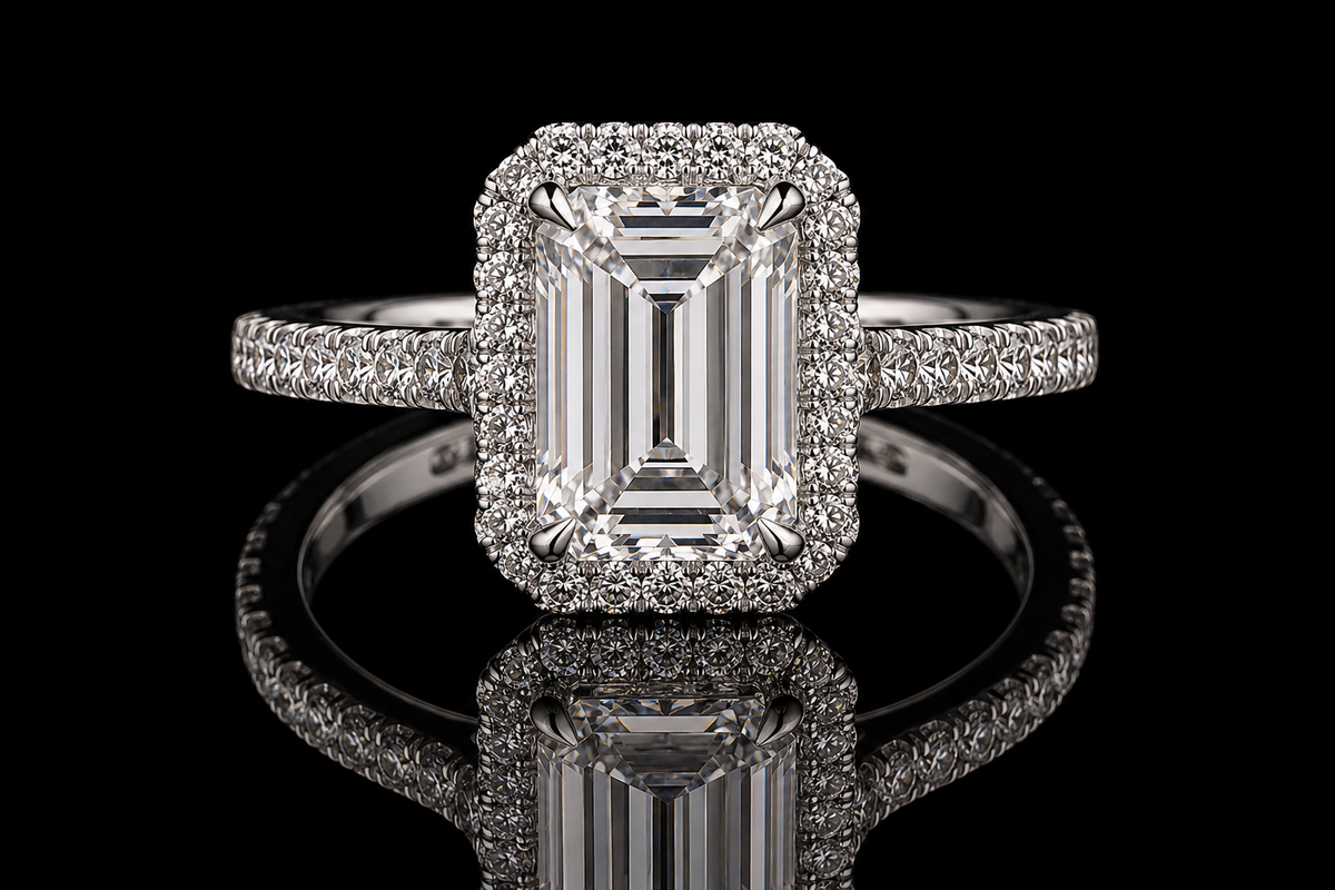 Emerald Cut Diamond Halo Engagement Ring (eng042)