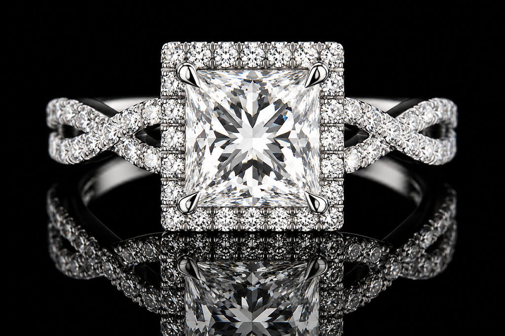 Princess Cut Diamond Halo Twisted Split Shank Engagement Ring (eng029)