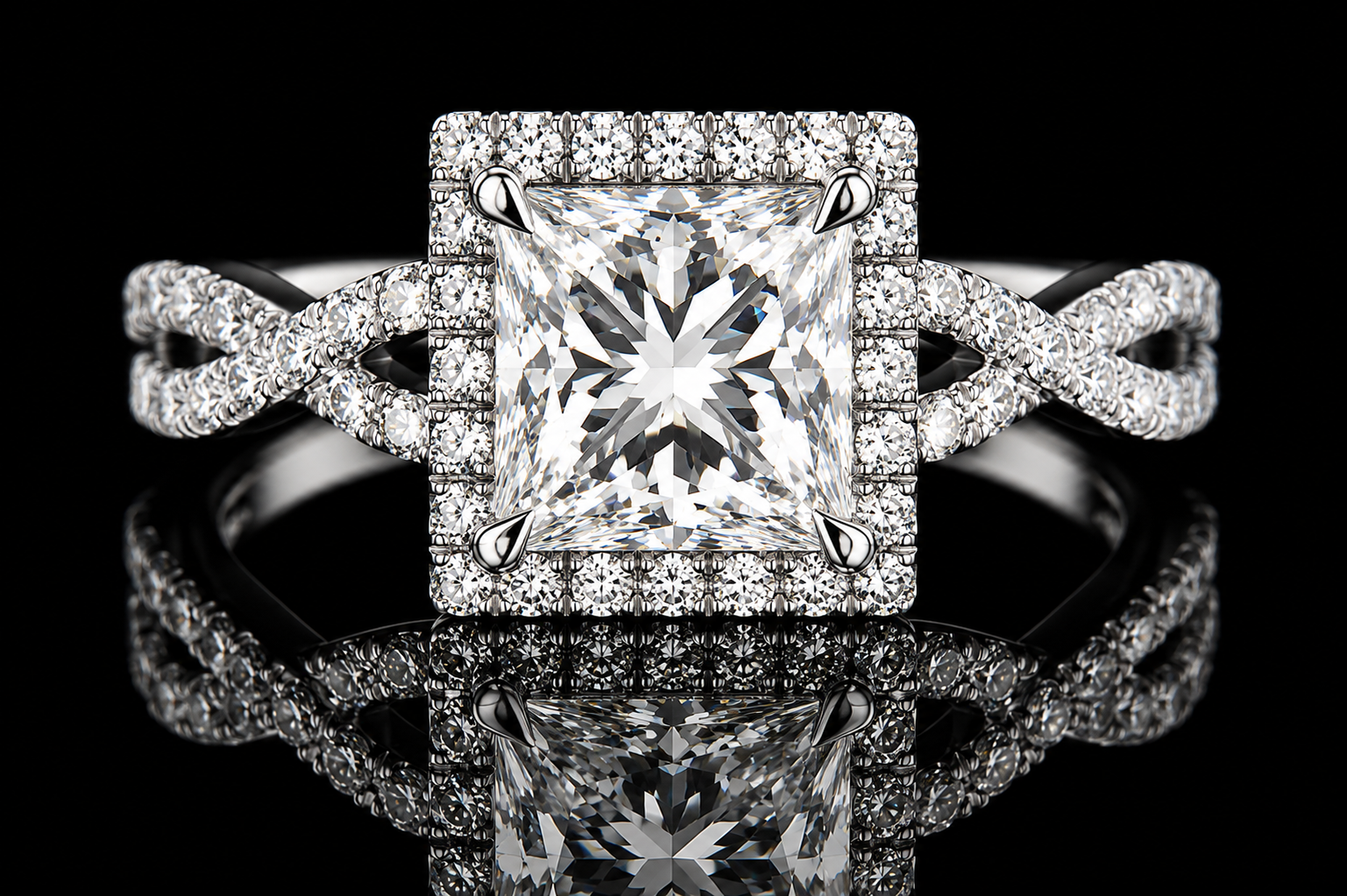Princess Cut Diamond Halo Twisted Split Shank Engagement Ring (eng029)