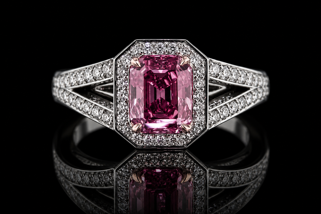 Emerald Cut Pink  Diamond Halo Split Shank Ring (eng129)