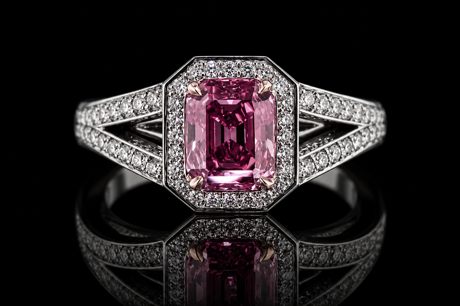 Emerald Cut Pink  Diamond Halo Split Shank Ring (eng129)