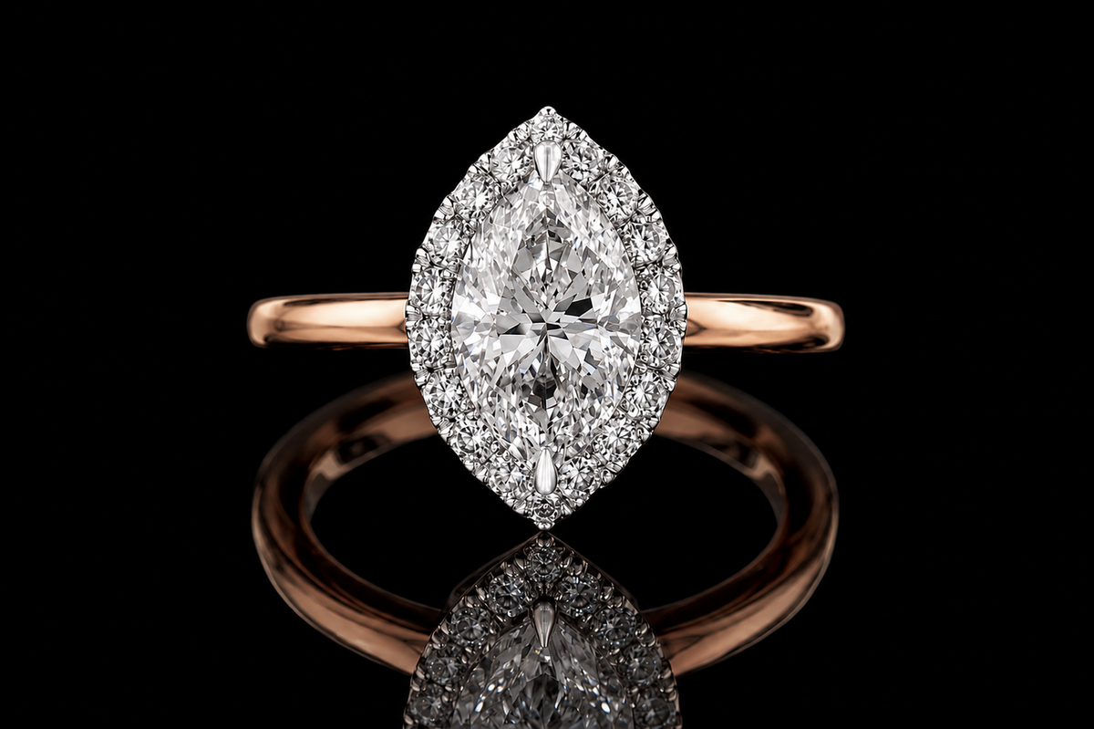Rose Gold Marquise Diamond Halo Ring (eng498)