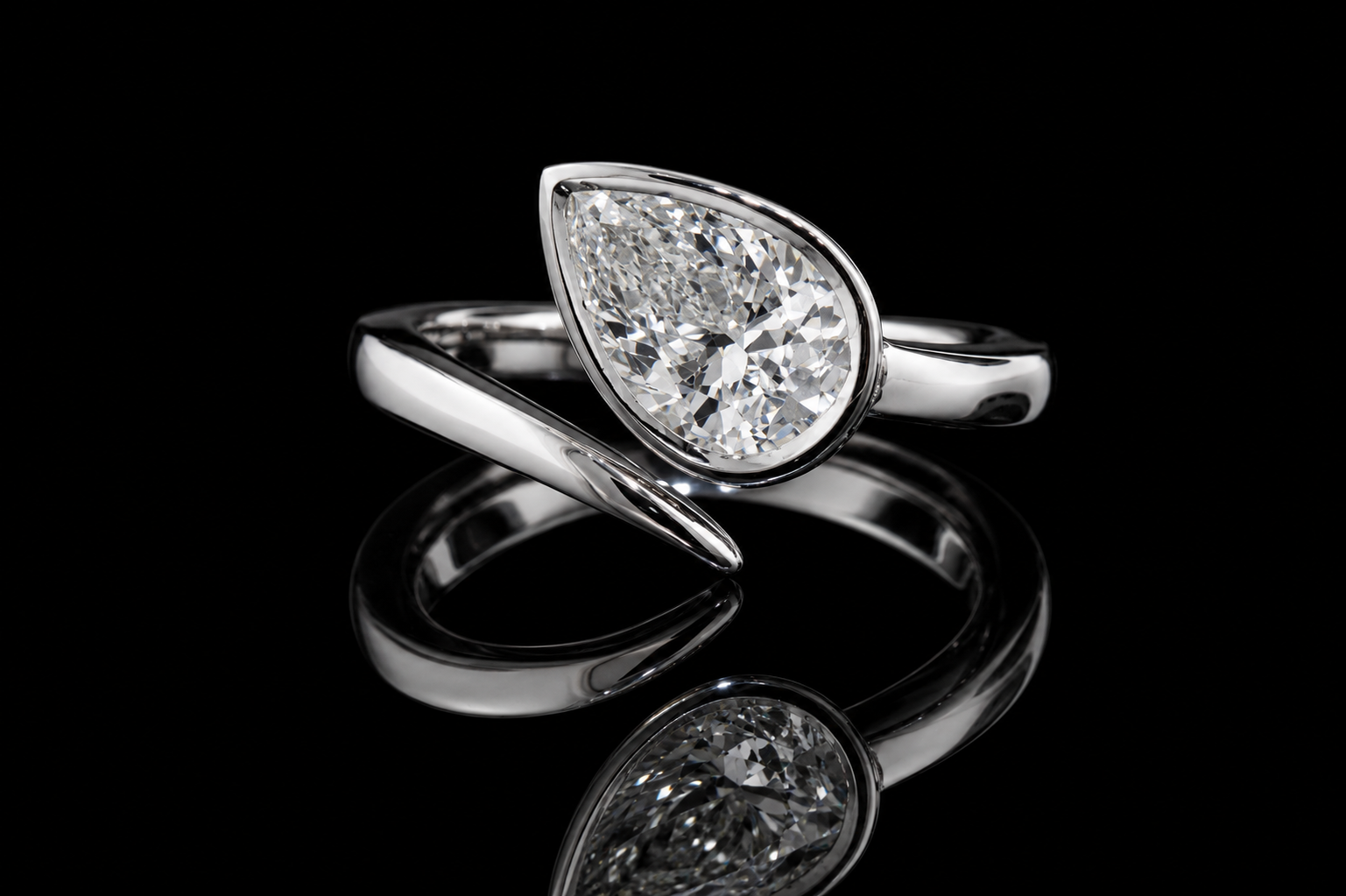 Pear Shaped Bezel Diamond Bypass Ring with Pavé Accents (eng493)