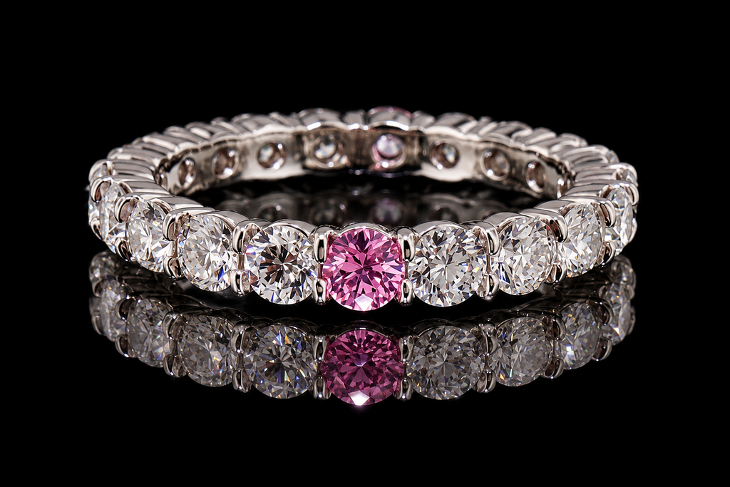Round Brilliant Diamond Eternity Band with Pink Diamond Accents (band169)