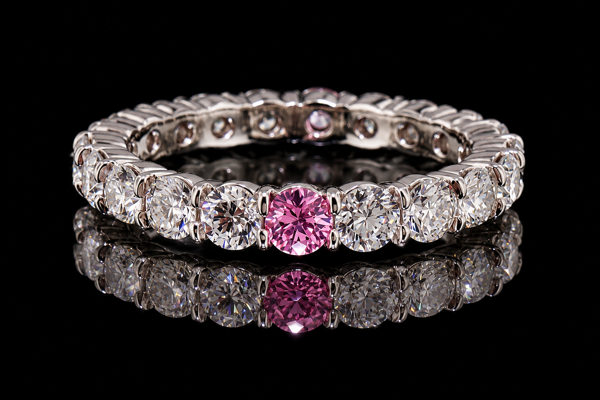 Round Brilliant Diamond Eternity Band with Pink Diamond Accents (band169)