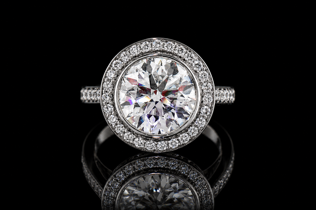 Round Brilliant Diamond Bezel Halo Ring with Pavé Band (eng523)