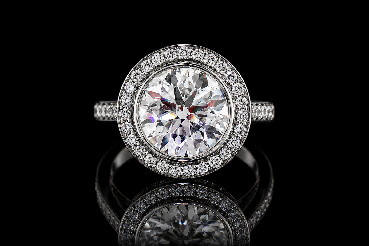 Round Brilliant Diamond Bezel Halo Ring with Pavé Band (eng523)