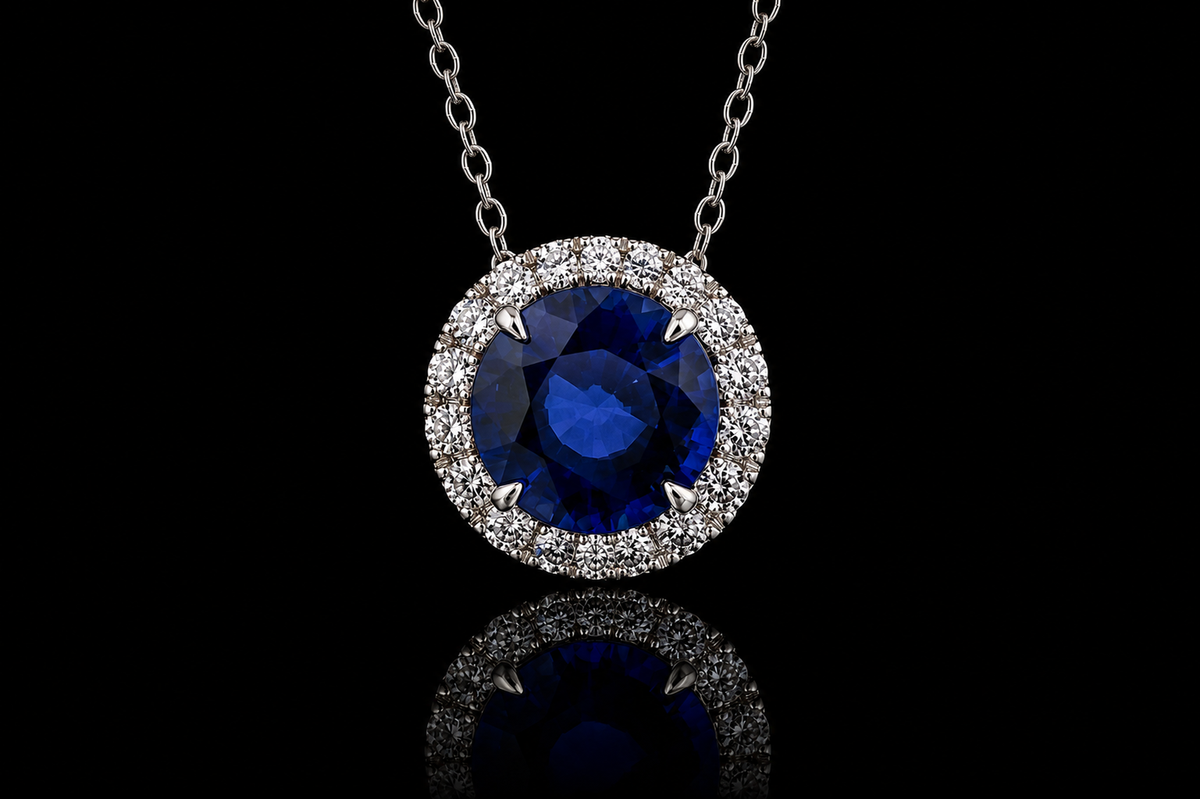 Sapphire Micropavé Diamond Halo Pendant (pend078)
