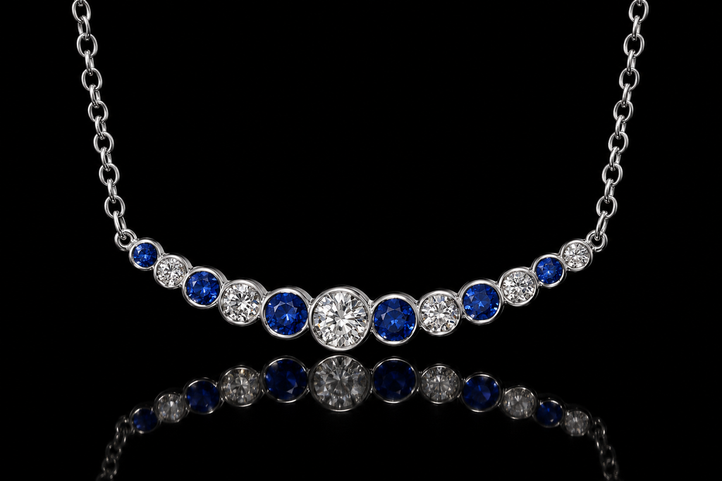 14K White Gold Sapphire & Diamond Horizon Necklace (pend115)