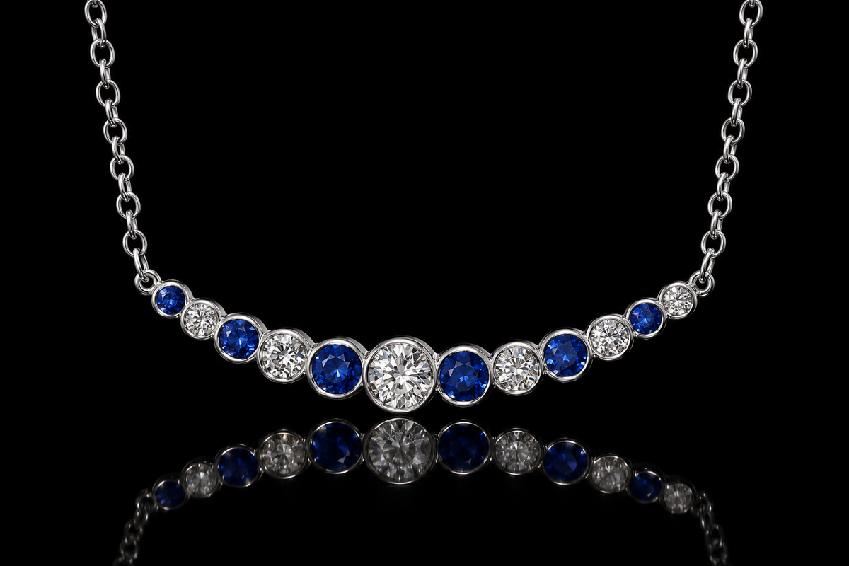 14K White Gold Sapphire & Diamond Horizon Necklace (pend115)