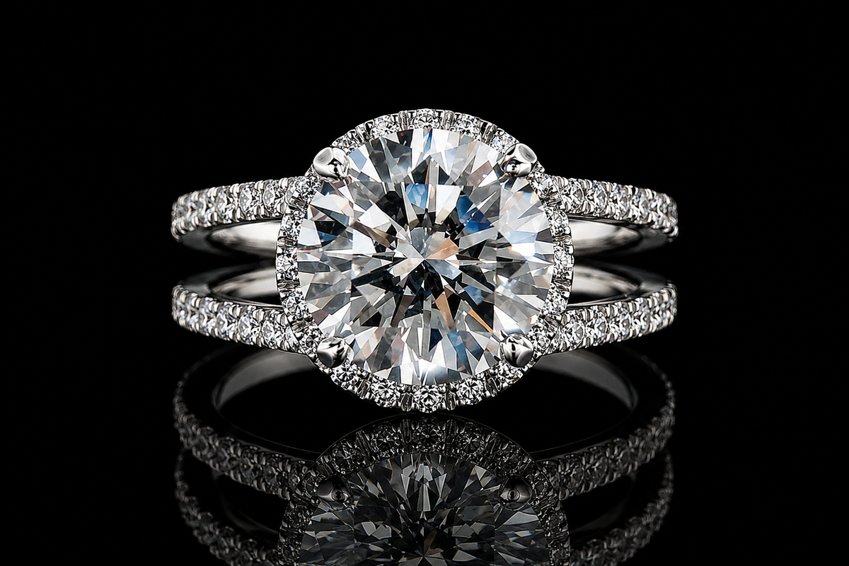 Round Brilliant Diamond Halo Double Shank Engagement Ring (eng238)