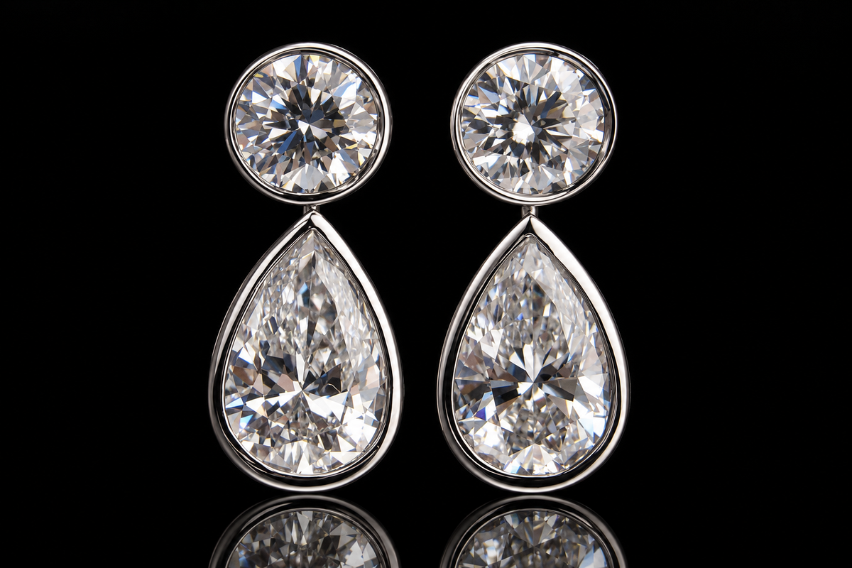 Bezel-Set Round & Pear Diamond Drop Earrings (ear026)