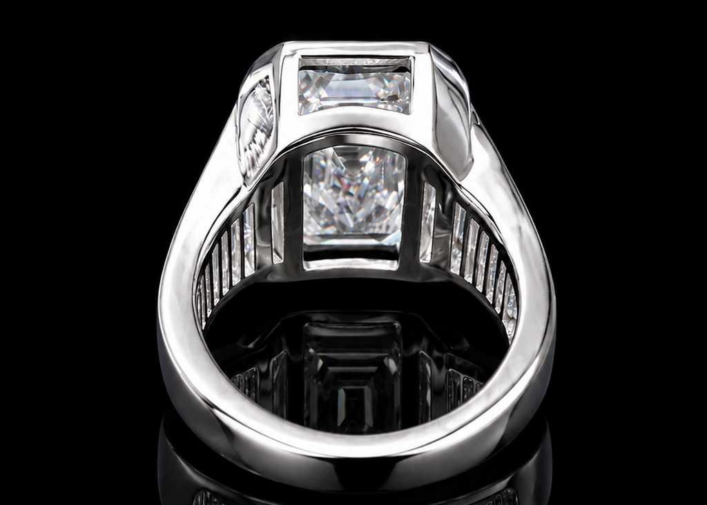 Bezel-Set Emerald-Cut Diamond Ring with Graduated Tapered Baguette Diamonds (eng787)