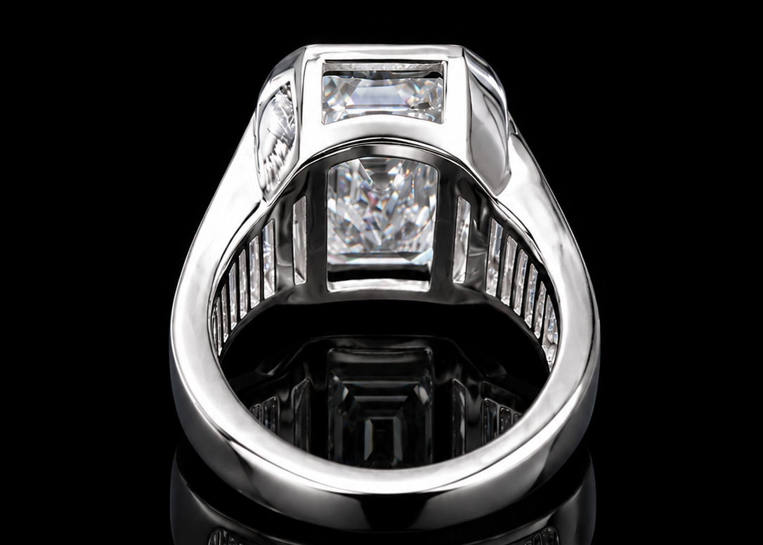 Bezel-Set Emerald-Cut Diamond Ring with Graduated Tapered Baguette Diamonds (eng787)