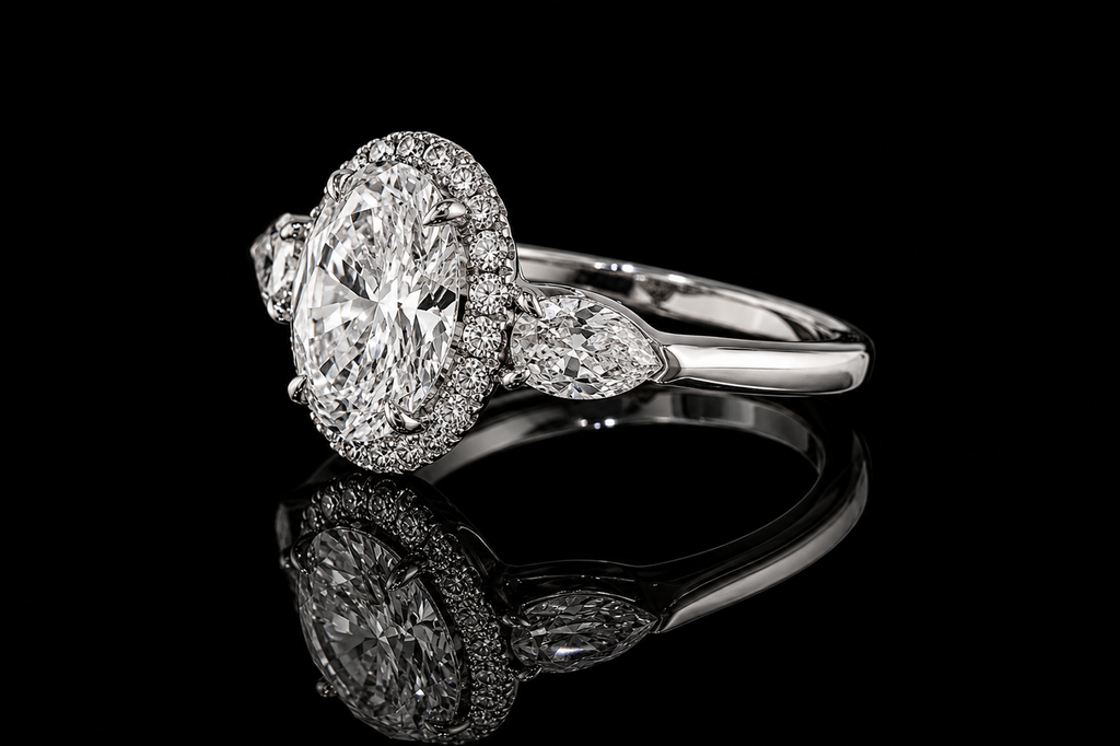 Oval Diamond Halo Ring with Pear Side Stones (eng469)