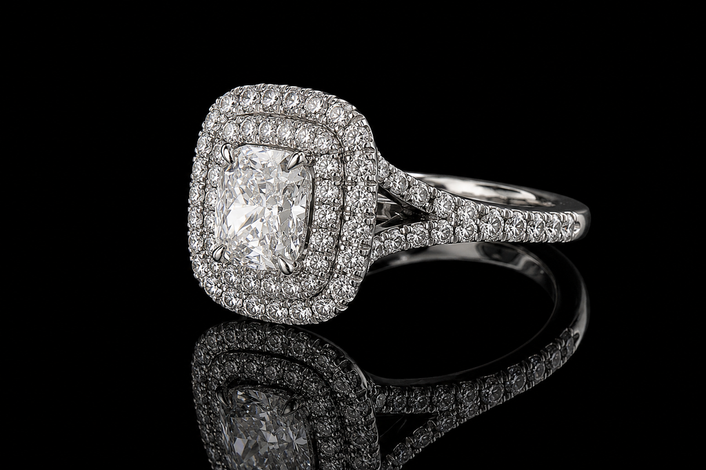 Cushion Cut Diamond Double Halo Split Shank Engagement Ring (eng307)