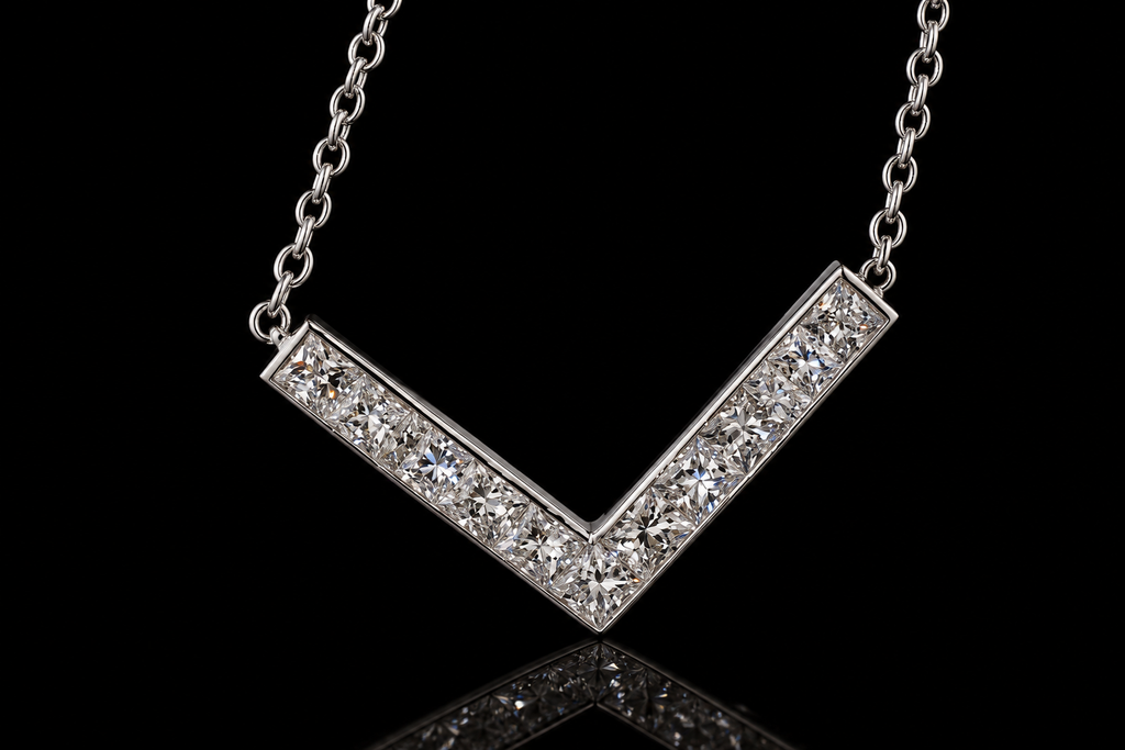 14K White Gold Channel-Set Princess-Cut Diamond V Necklace (pend101)