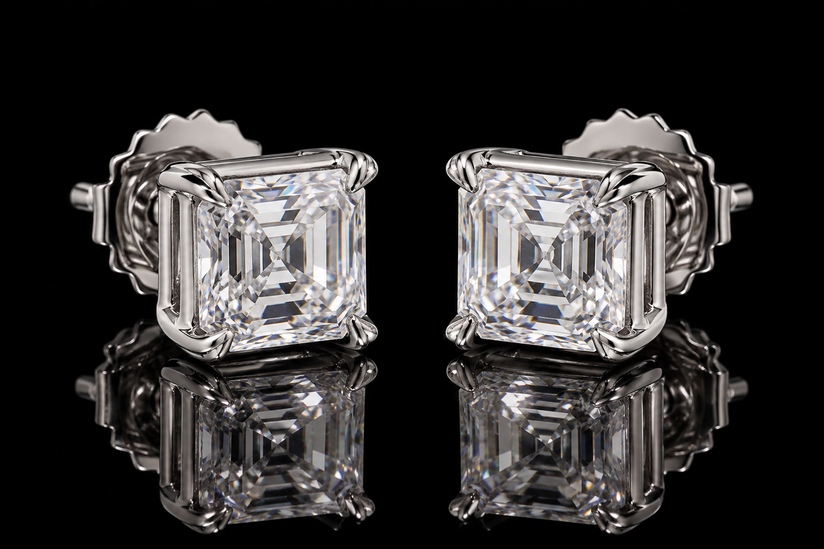 Asscher-Cut Diamond Stud Earrings (ear071)