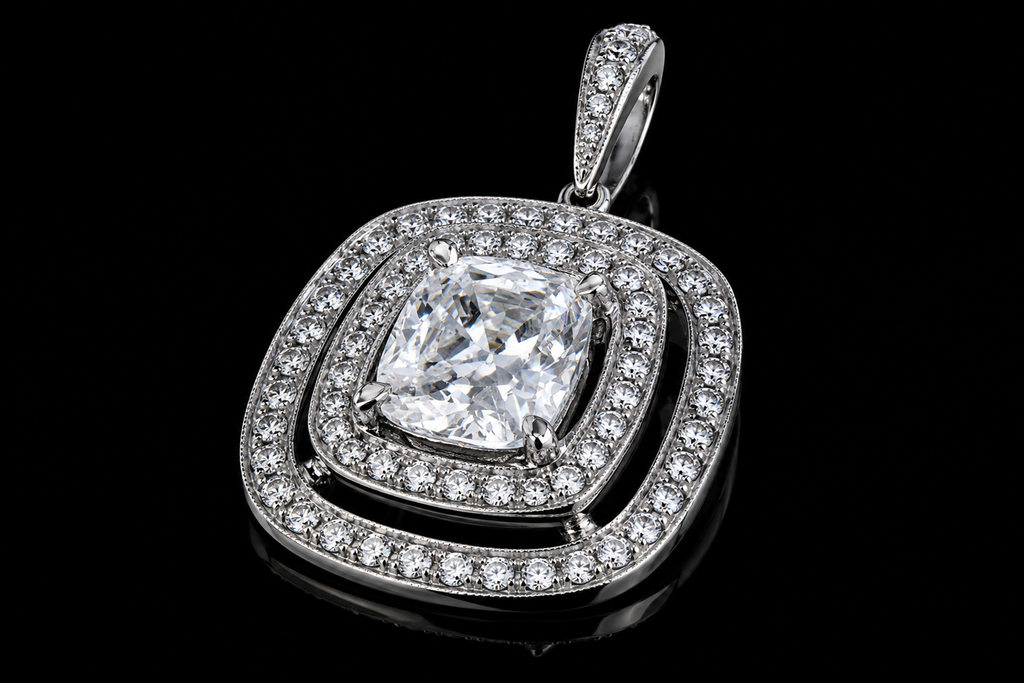 Platinum Cushion Cut Diamond Double Halo Pendant (pend038)