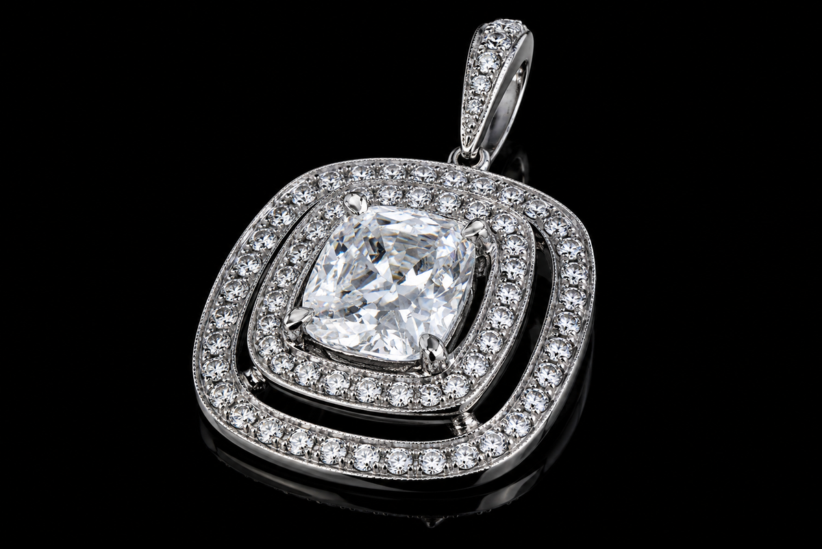 Platinum Cushion Cut Diamond Double Halo Pendant (pend038)