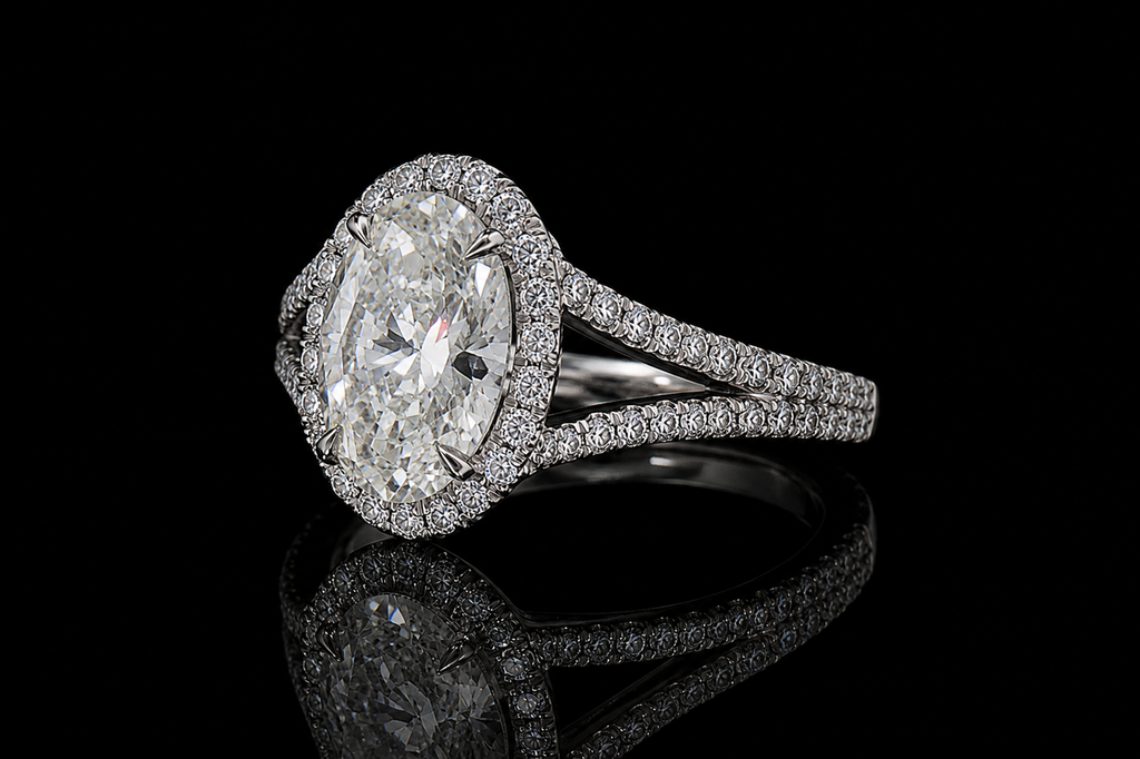 Oval Diamond Halo Split Shank Engagement Ring (eng350)
